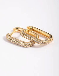 Gold Plated Cubic Zirconia Pave Rectangle Hoop Earrings