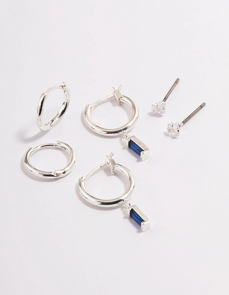 Silver Plated Cubic Zirconia Sapphire Huggie Earrings 6-Pack