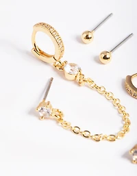 Gold Plated Cubic Zirconia Pave Huggie Chain Earrings 6-Pack