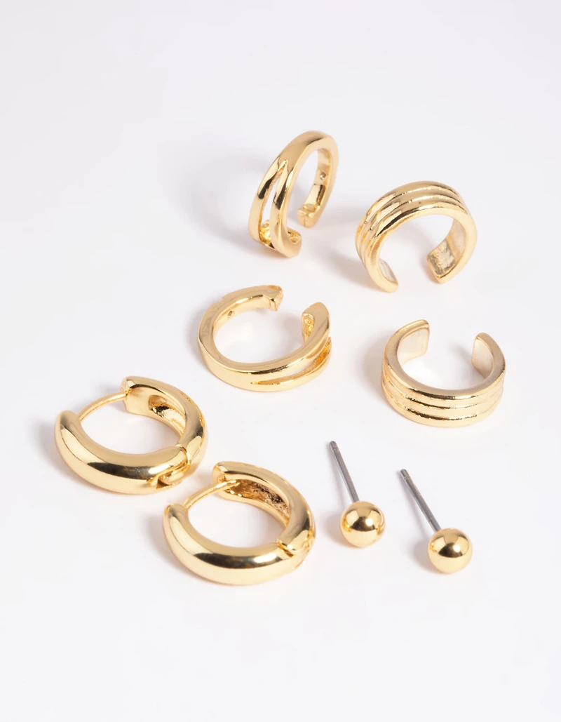 Pack de 8 boucles d’oreilles Huggie & Cuff plaquées or