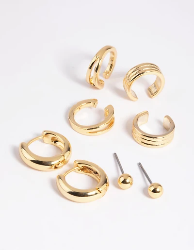 Pack de 8 boucles d’oreilles Huggie & Cuff plaquées or