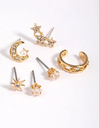 Gold Plated  Cubic Zirconia Celestial Stud Earrings 6-Pack