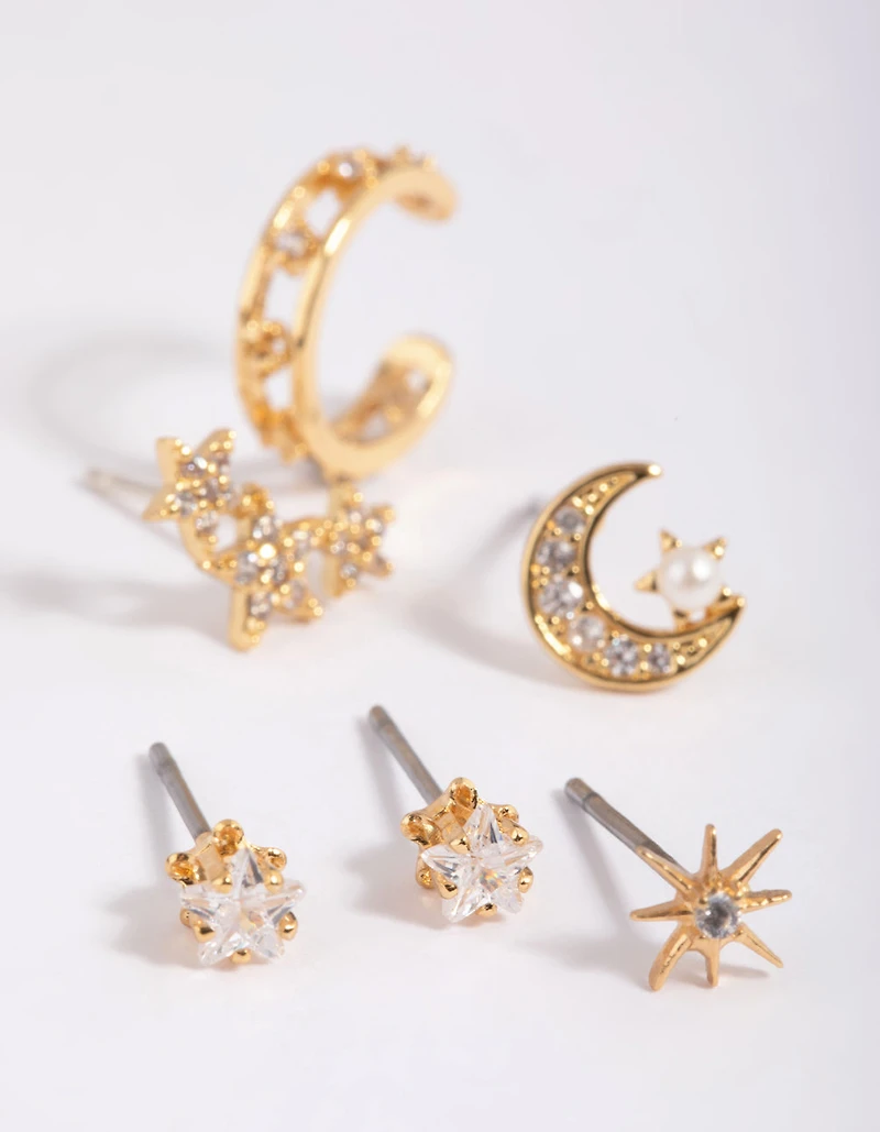 Gold Plated  Cubic Zirconia Celestial Stud Earrings 6-Pack