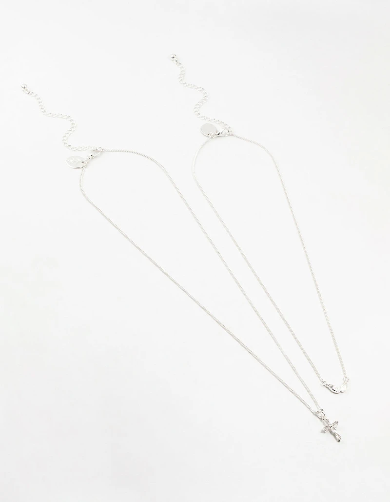 Silver Plated Wing & Diamante Cross Necklace