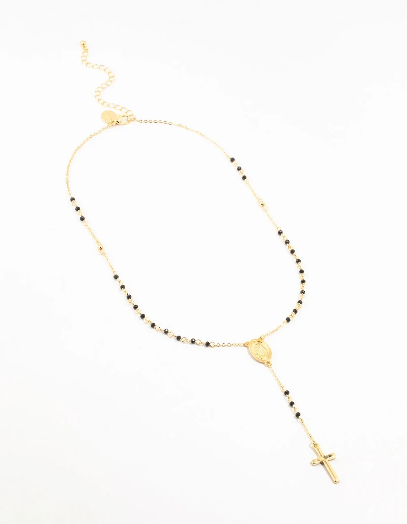 Gold Plated Cross Mary Beaded Necklace