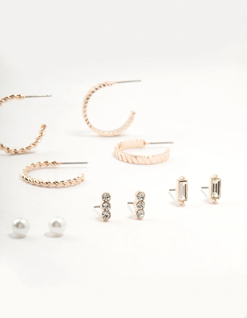 Rose Gold Diamante Pearl Hoop Earrings 8-Pack