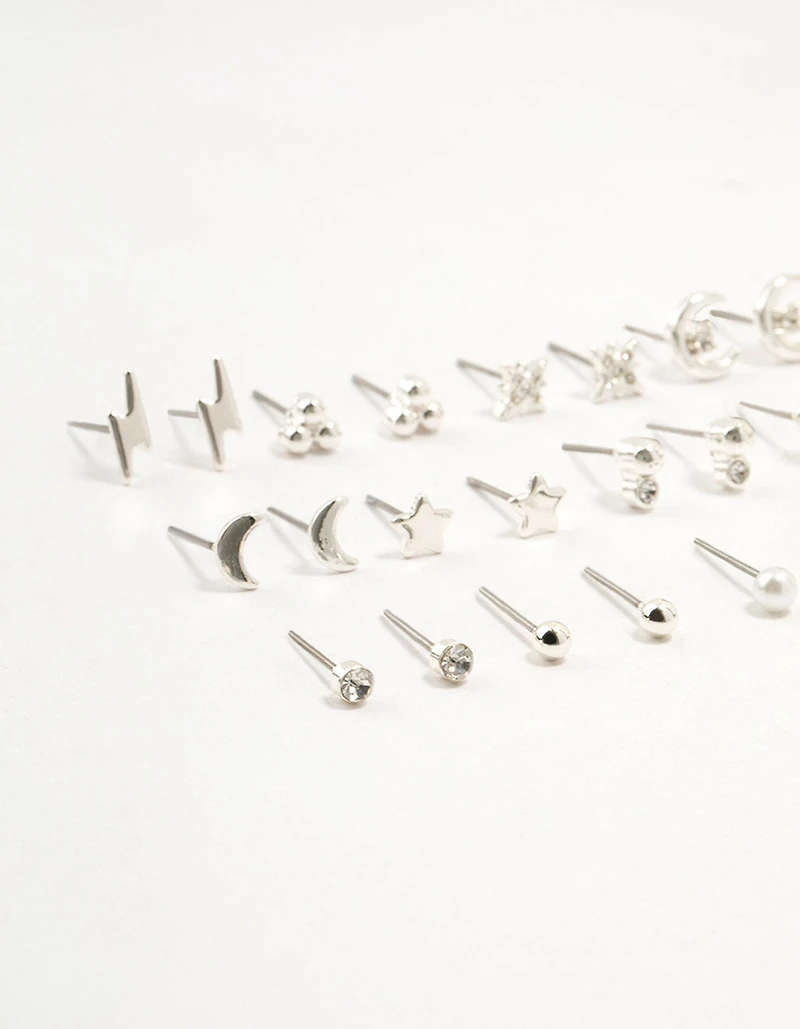 Silver Star & Moon Stud Earrings 12-Pack