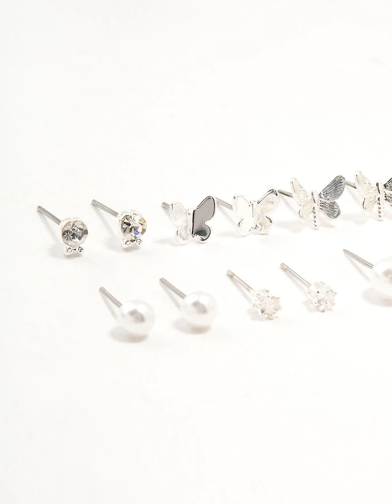 Silver Pearl Diamante Butterfly Earrings 8-Pack