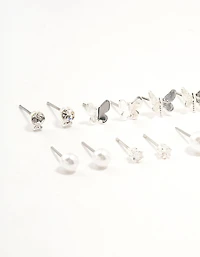 Silver Pearl Diamante Butterfly Earrings 8-Pack