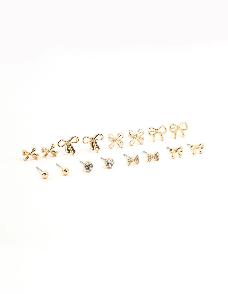 Gold Diamante Mixed Bow Earrings 8-Pack