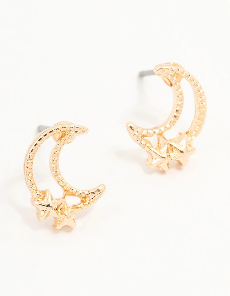 Gold Stapled Moon & Star Stud Earrings