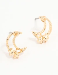 Gold Stapled Moon & Star Stud Earrings