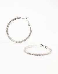 Silver Large Skinny Diamante Hoop Earrings