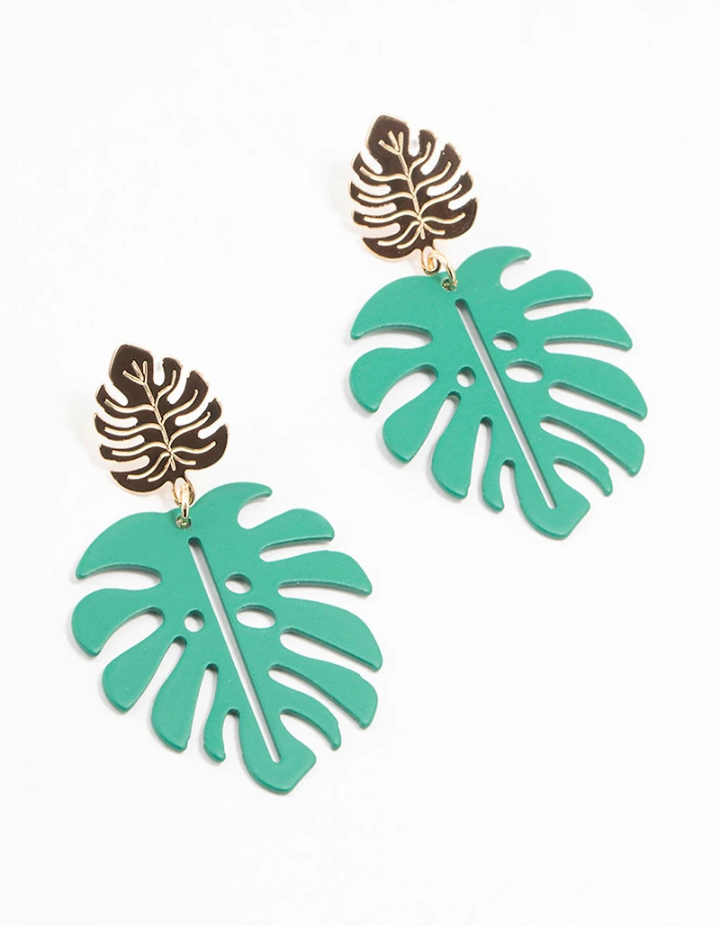 Gold & Green Coated Metal Monstera Leaf Drop Earrings