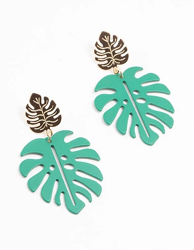 Gold & Green Coated Metal Monstera Leaf Drop Earrings