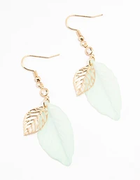 Gold Filigree Green Acrylic Leaf Drop Earrings
