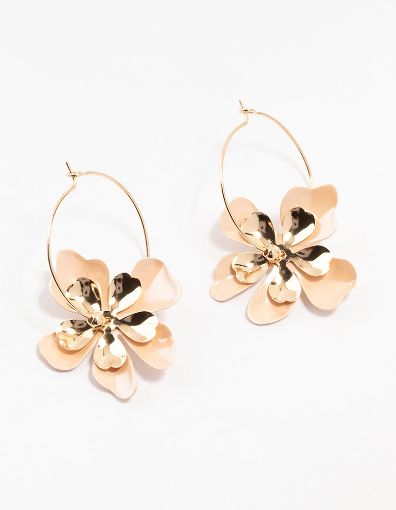Gold Coated Metal Flower Hoop Earrings