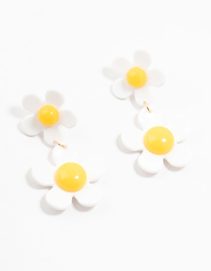 Acrylic White & Yellow Double Daisy Drop Earrings