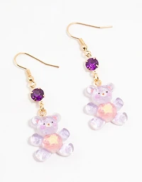 Purple Acrylic Diamante Glitter Teddy Bear Drop Earrings