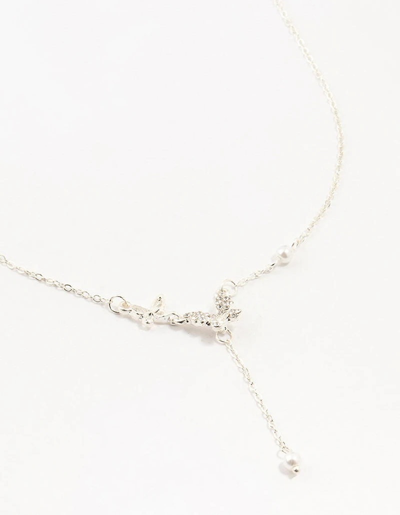 Silver Diamante Pearl Butterfly  Y-Necklace