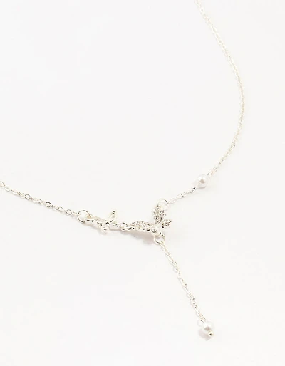 Silver Diamante Pearl Butterfly  Y-Necklace