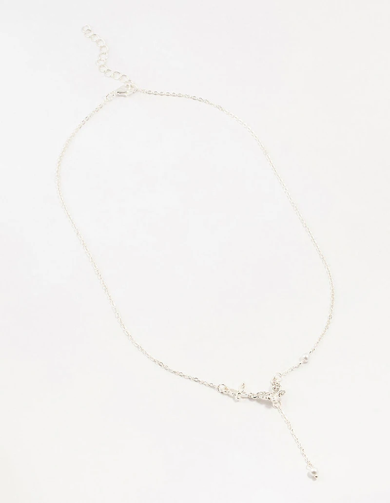Silver Diamante Pearl Butterfly  Y-Necklace