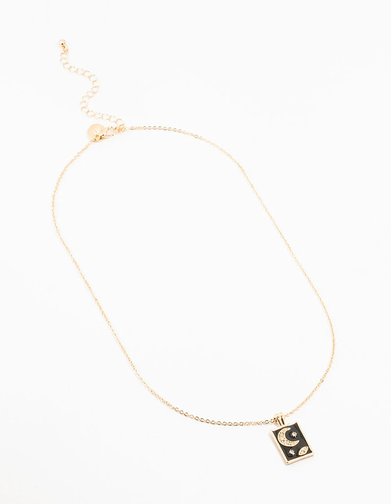 Collier Étiquette Lune & Étoiles Diamant Or & Noir