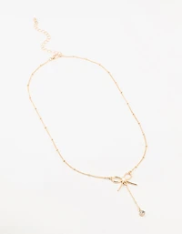 Gold Diamante Ball & Chain Bow Drop Necklace