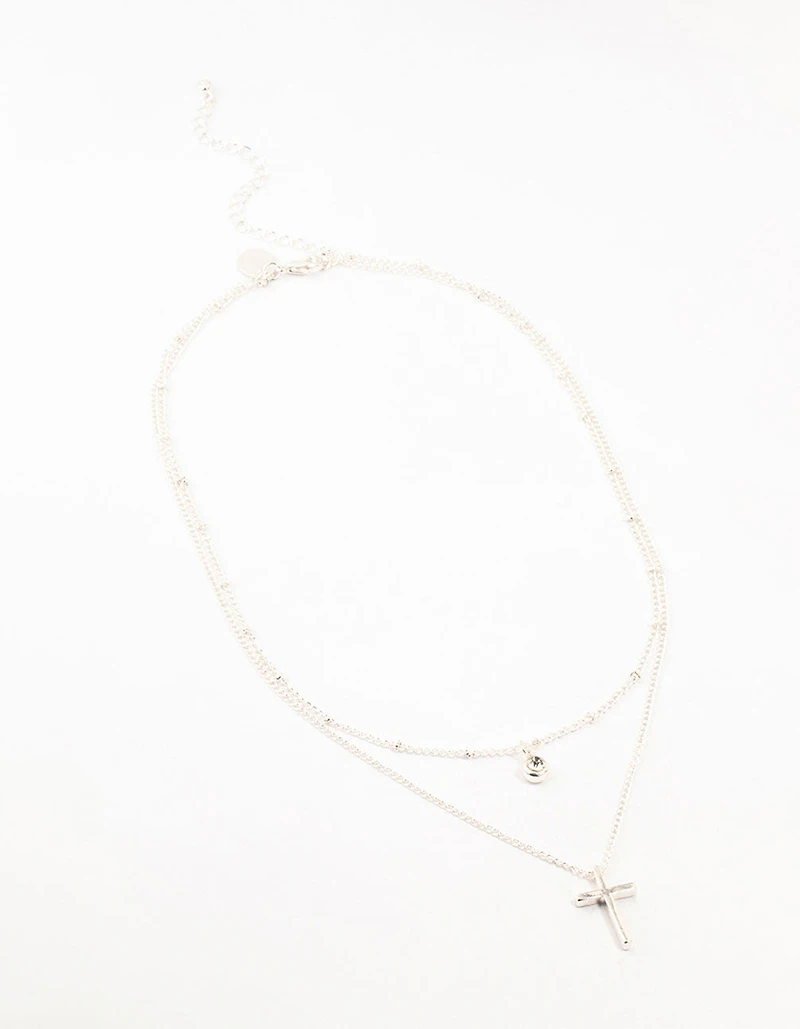 Silver Diamante Cross Layered Necklace
