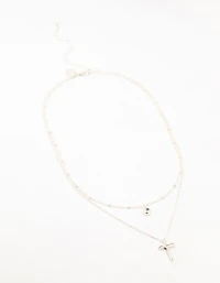 Silver Diamante Cross Layered Necklace