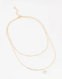 Gold Station Pearl Pendant Layered Necklace
