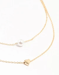 Gold Double Chain Pearl & Heart Necklace