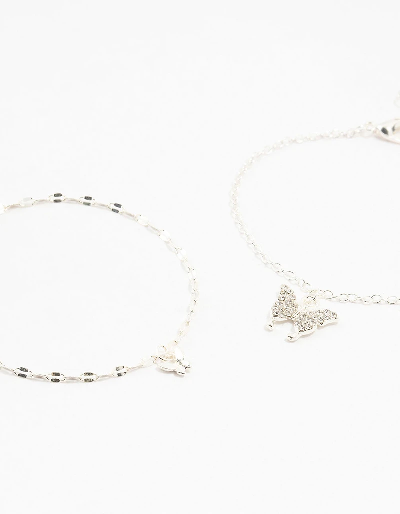 Silver Diamante Butterfly Charm Bracelets 2-Pack