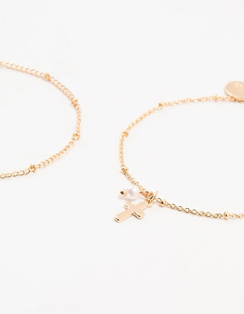 Gold Ball & Diamante Cross Bracelets 2-Pack