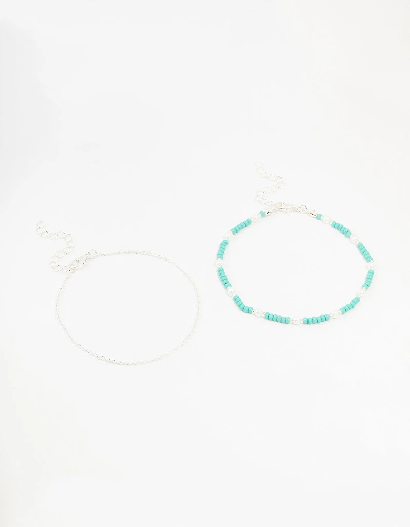 Silver Pearl Beaded Anklets 2-Pack