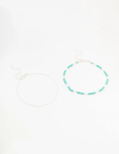 Silver Pearl Beaded Anklets 2-Pack