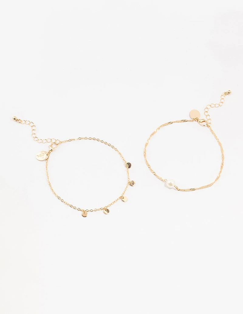 Gold Pearl Disc Pendant Anklets 2-Pack