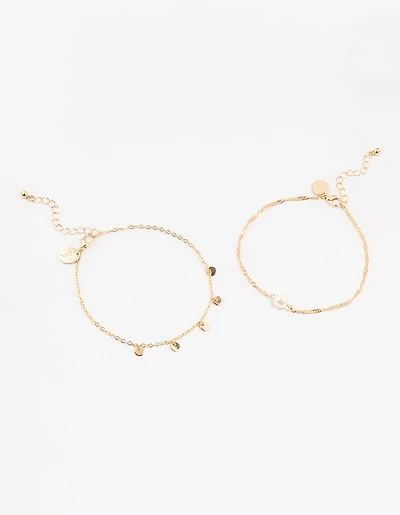 Gold Pearl Disc Pendant Anklets 2-Pack