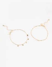 Gold Pearl Disc Pendant Anklets 2-Pack