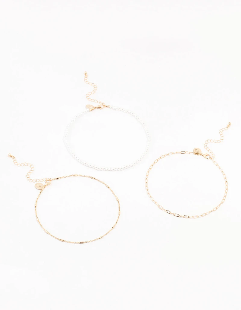 Gold Pearl Tab Chain Chokers 3-Pack