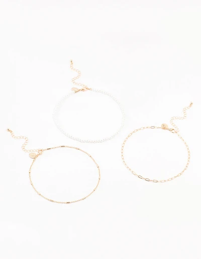 Gold Pearl Tab Chain Chokers 3-Pack