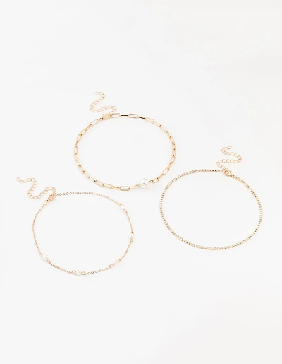 Gold Cupchain Pearl Chokers 3-Pack
