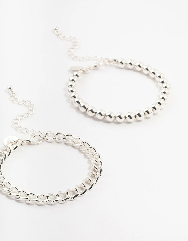 Silver Heart & Ball Chain Bracelets 4-Pack
