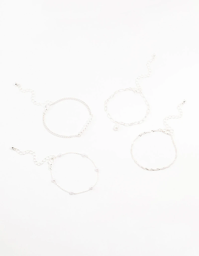 Silver Paperclip Pearl Bracelets 4-Pack