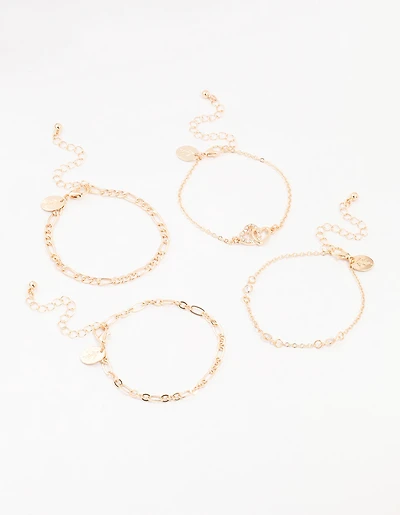 Gold Diamante Link Heart Bracelets 4-Pack
