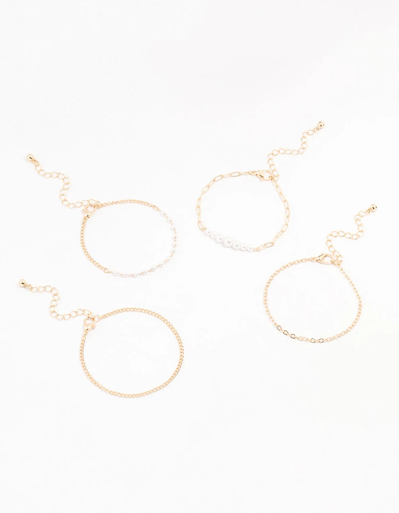 Gold Pearl Paperclip Chain Bracelet 4-Pack