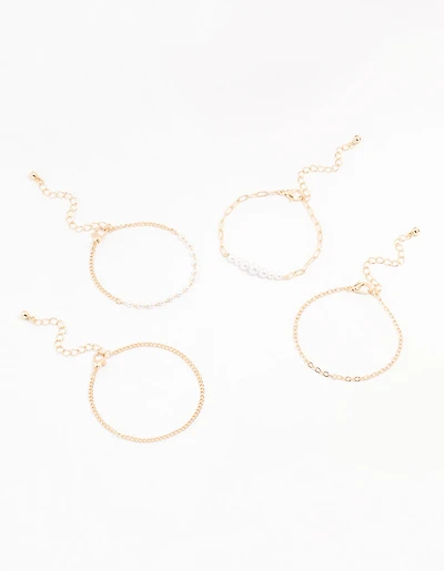 Gold Pearl Paperclip Chain Bracelet 4-Pack