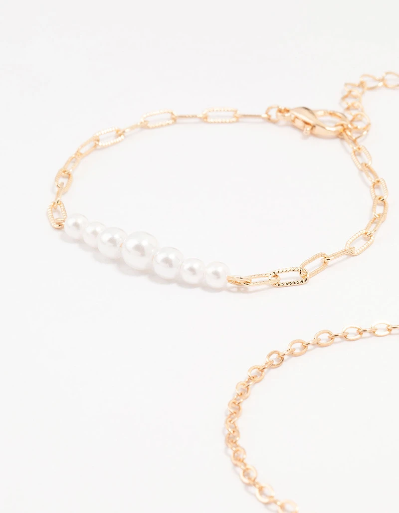 Gold Pearl Paperclip Chain Bracelet 4-Pack