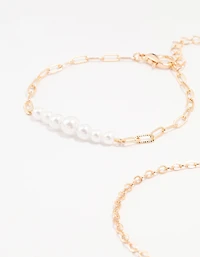 Gold Pearl Paperclip Chain Bracelet 4-Pack