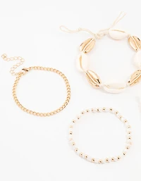 Gold Beaded & Large Shell Bracelets 4-Pack